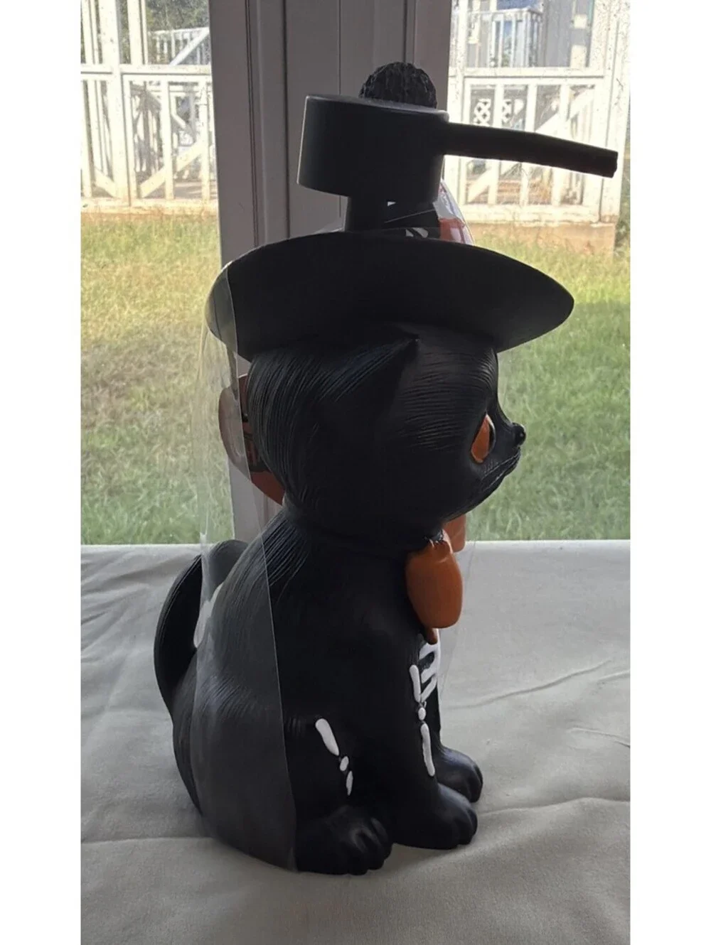 New Black Cat Skeleton With Orange Witch Hat Halloween Soap Dispenser Spooky